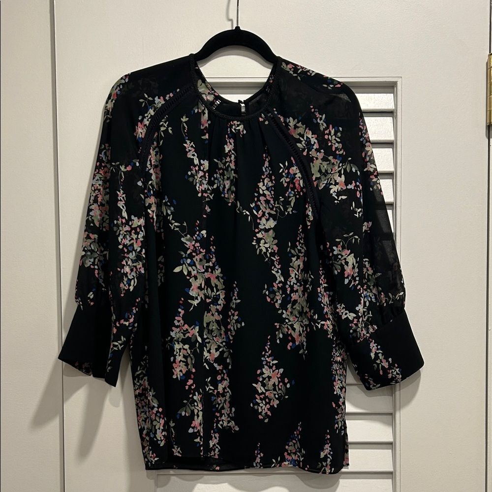 Reiss Floral Black Blouse with 3/4 Sleeves, Size 10